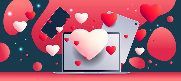 Amore cuori rossi su gadget digitali felice giorno di san valentino vacanza celebrazione concetto illustrazione vettoriale orizzontale