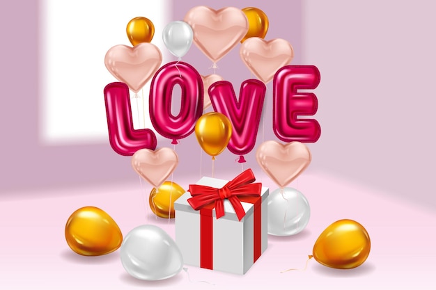 Love red helium metallic glossy balloons realistic text, box gift, heart shape flying pink golden balloons