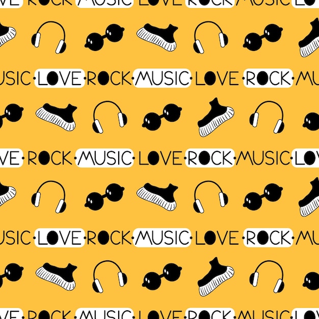 Amore musica rock modello senza cuciture stile doodle sfondo vettoriale con concetto musicale punk rock