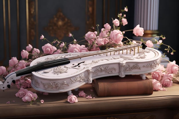 Love romance the arts concept violin and rose on white background