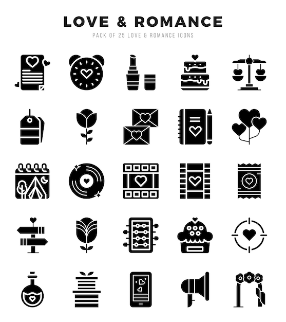 Love Romance Icons Pack Glyph Style Vector illustration