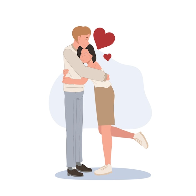 Love and romantic feelings concept loving smiling couple boy and girl standing hugging each other Flat vector cartoon illustration