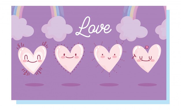 ベクトル ロマンチックな心の虹雲装飾漫画カードデザインが大好き