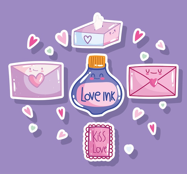 Вектор Любовь романтическое сообщение письмо конверт почтовая карточка сердца в мультяшном стиле