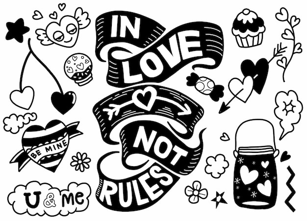 в любви не правило, любовь каракули фон, схематичный рисованной каракули мультфильм набор объектов и символов любви и Валентина