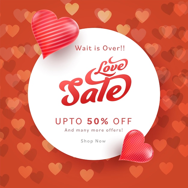 Дизайн плаката Love Sale с 50% скидкой и иллюстрацией глянцевых сердец.