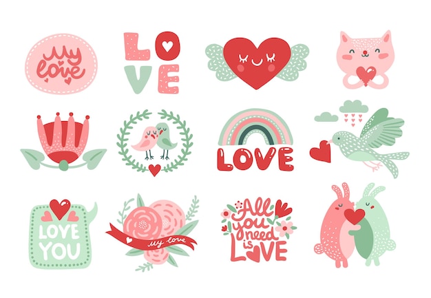 스크랩북 요소를 사랑 해요. 붉은 마음, 꽃과 왕관과 함께 고양이, 토끼, 새와 발렌타인 데이 글자.