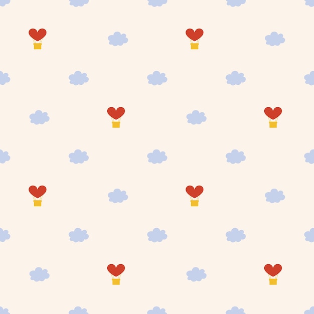 Vector love seamless pattern with cute heart shaped balloon and clouds