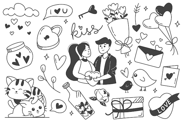 Vector love set in flat line design this set of design illustrations is filled with lovethemed attributes