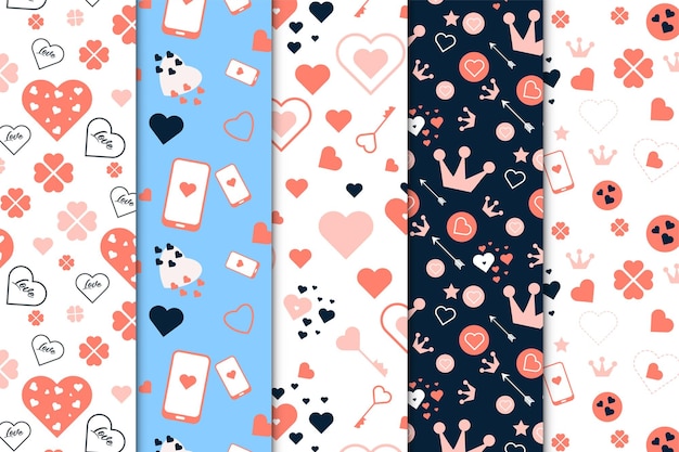 Love shape pattern background collection with different heart shapes abstract love element pattern bundle with white and dark backgrounds valentine love pattern set for wallpapers and cover pages