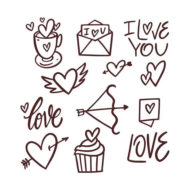 Love signs set Black color flat design doodle elements