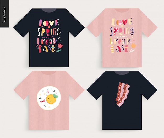 벡터 사랑, 봄, 아침 식사 글자 구성, 티셔츠 디자인