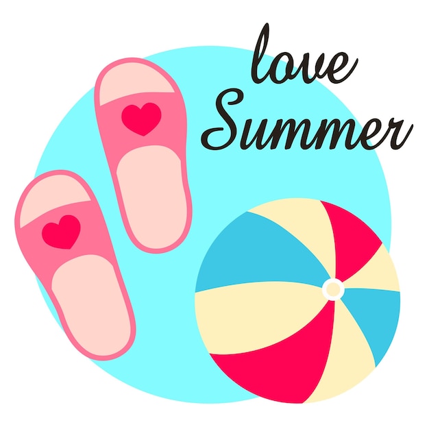 Vector love summer beach flip-flops en een opblaasbare gestreepte bal vector illustratie in platte stijl