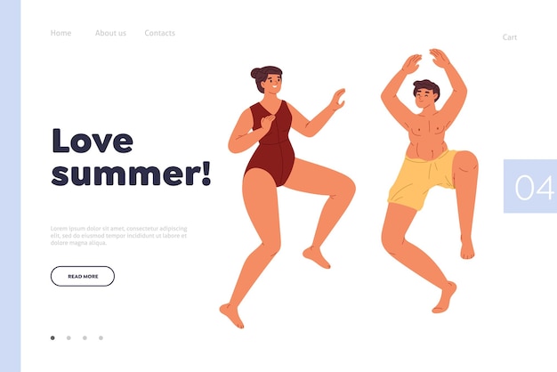 Love summer concept of landing page with happy young couple in swimsuit dancing on beach party