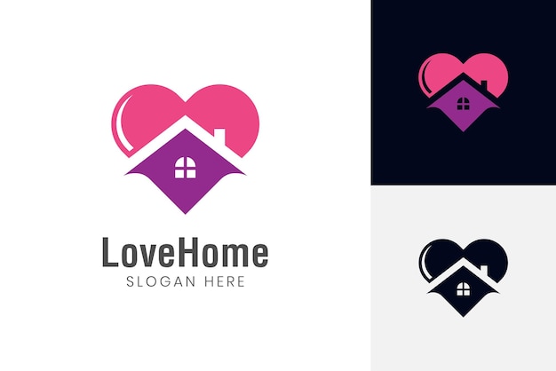 가족 부동산 로고에 대한 마음과 지붕 기호 아이콘 디자인 요소가 있는 사랑 스위트 홈 로고 디자인 하우스 케어