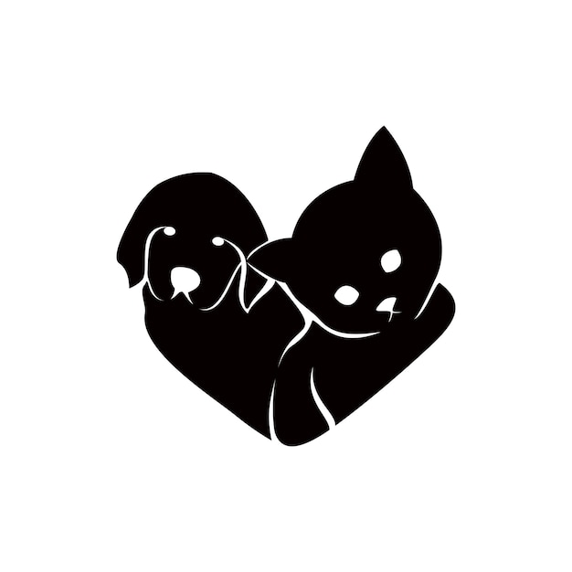 Love symbol cat and dog pets silhouette logo vector design