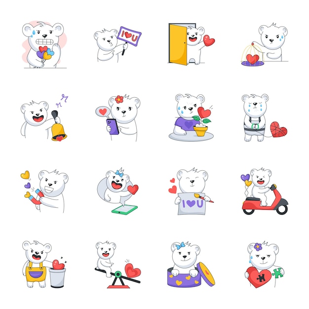 Love Teddy Sticker Set in Flat Style