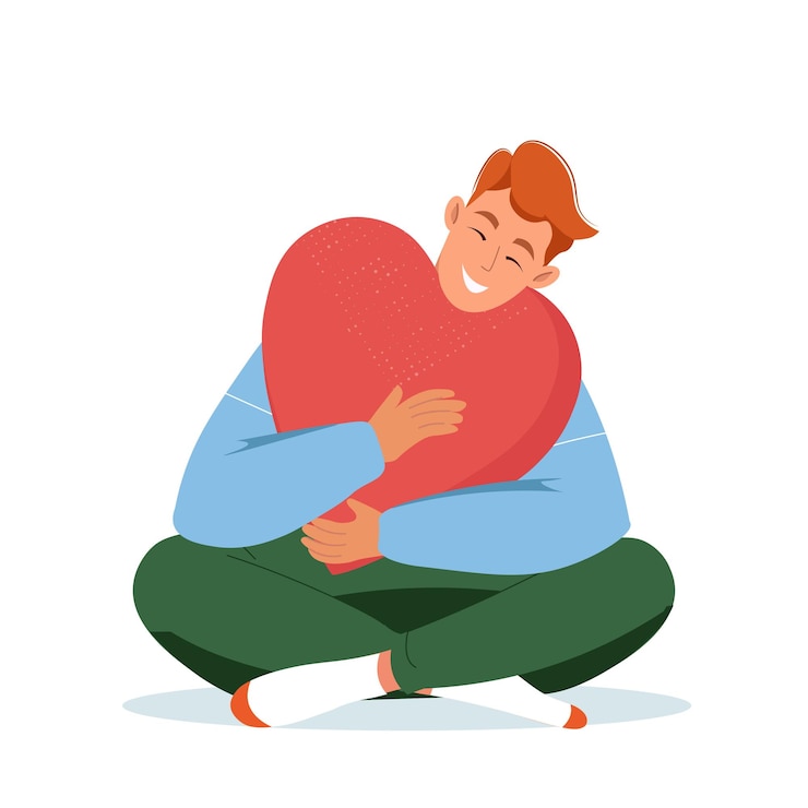 Vector love tenderness and care concept smiling man cartoon character standing embracing big red heart