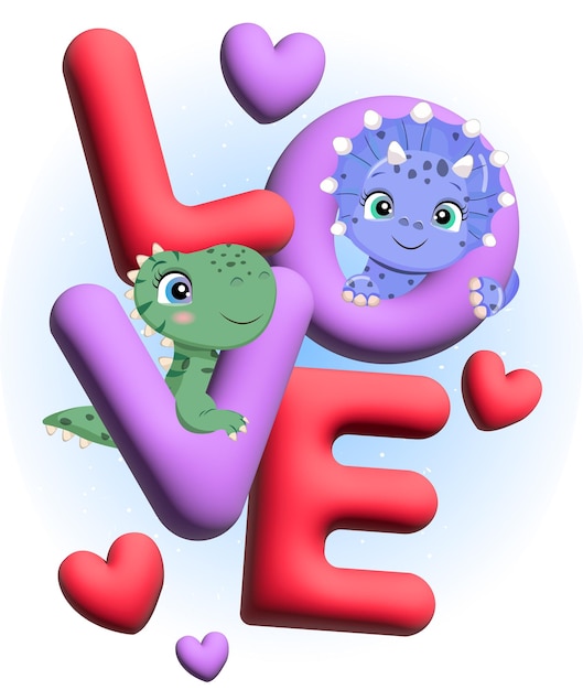 Love text 3d render isolated with baby dinosaur