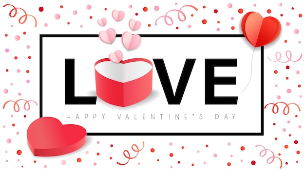 Love text for Happy Valentines day web banner with paper hearts and gift box