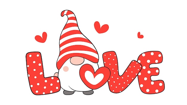 Vector love text with gnomes and red heart for valentine's day.