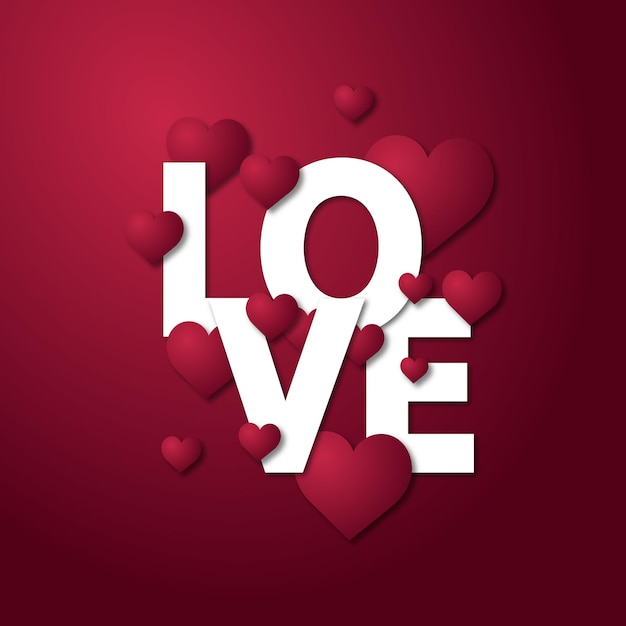 Amore testo con cuori per san valentino in sfondo colorato