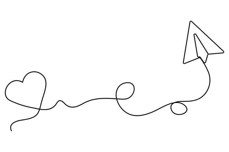 Vector love themed paper plane with hearts continuous line art minimalist romantic card vector illustration