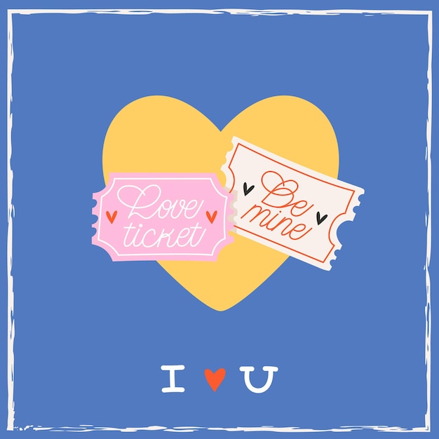 Love tickets in a yellow heart shape isolated on blue