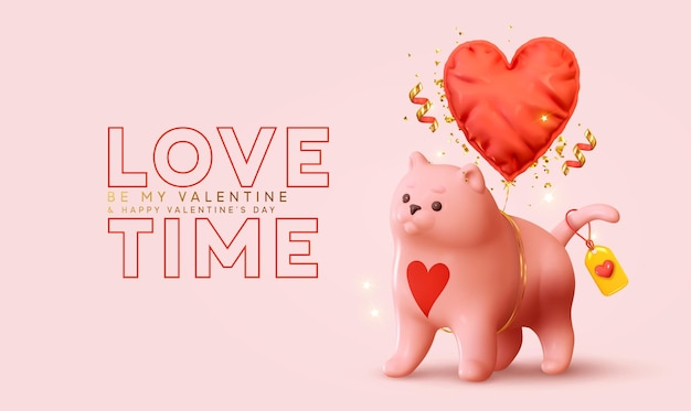 Love time. Happy Valentine's Day. Romantic creative composition. Realistic 3d Cartoon cute pink cat. Festive decorative objects, heart shaped balloons, gold confetti. vector illustration