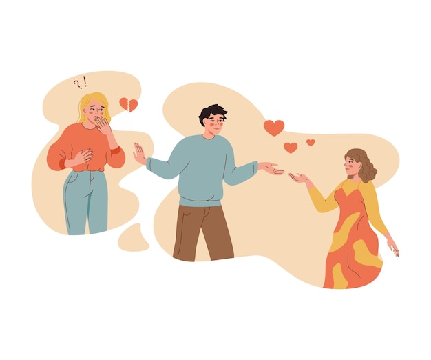 Vector love triangle of man confused in romantic feelings and choosing between two women