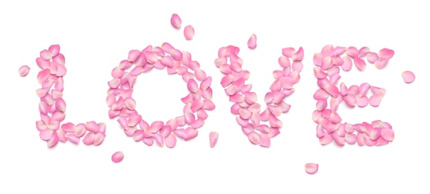 LOVE typography from realistic rose petals isolated on white background Pink voluminous sakura petals Romantic inscription for greeting card Valentine's Day March 8 wedding invitation