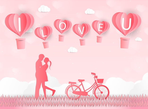 Love and Valentine day Lovers stand and a paper art heart shape balloon floating in the sky craft