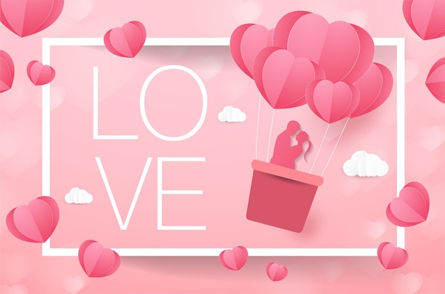 Love and Valentine day Lovers stand and a paper art heart shape balloon floating in the sky craft