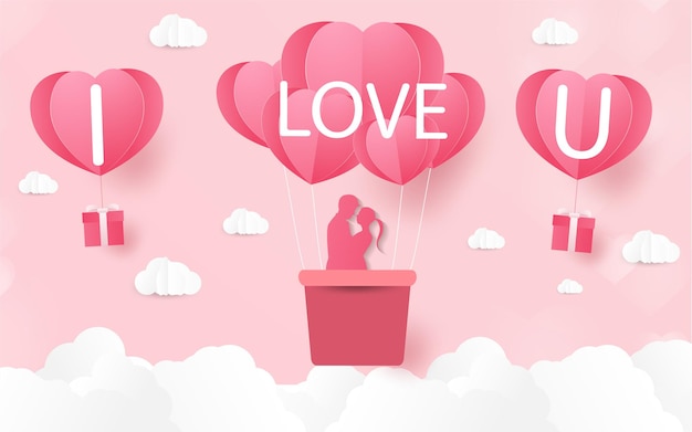 Amore e san valentino gli amanti stanno in piedi e un palloncino a forma di cuore di arte di carta che galleggia nel cielo