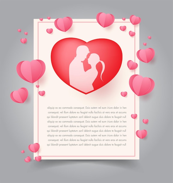 Love and valentine day lovers stand and a paper art heart shape balloon floating in the sky craft