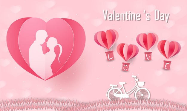 Love and Valentine day Lovers stand and a paper art heart shape balloon floating in the sky craft