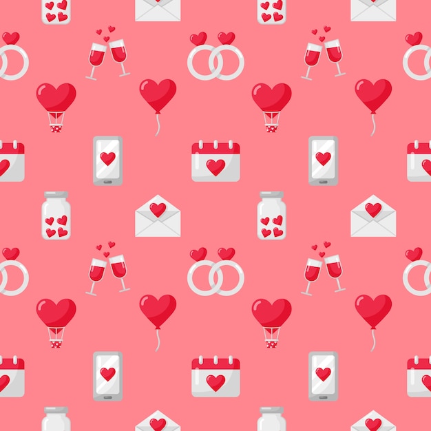 Love and valentine icons set seamless pattern isolated on pink