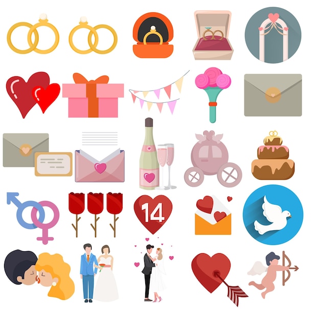 Love vector clip art set with wedding icons love doves love couple love message