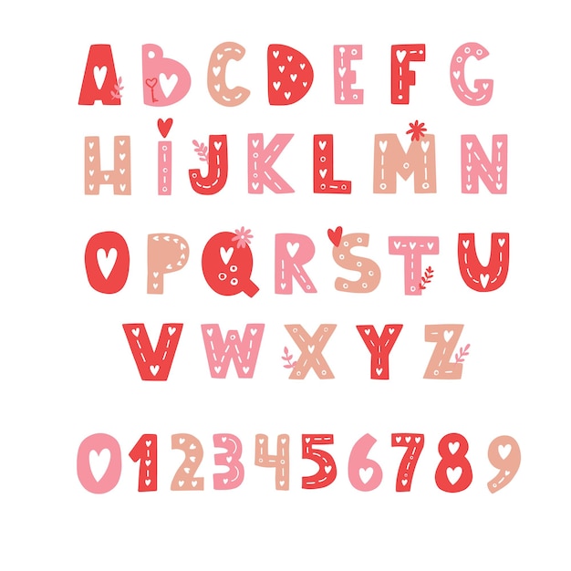 Love vector hand drawn english alphabet romantic pink colour letters