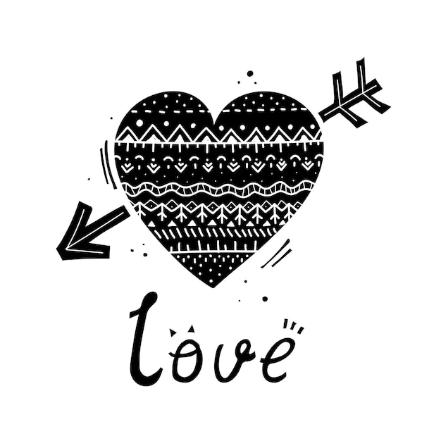 Love vector illustration with cartoon heart inscription arrow decor elements dots lines