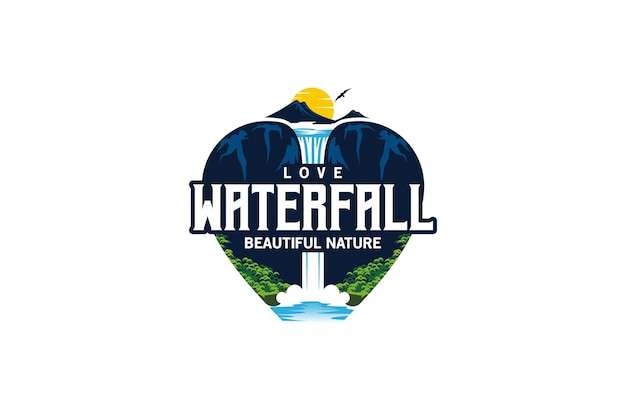 Love waterfall logo design vector illustration of a high cliff waterfall with the feel of a mountain view