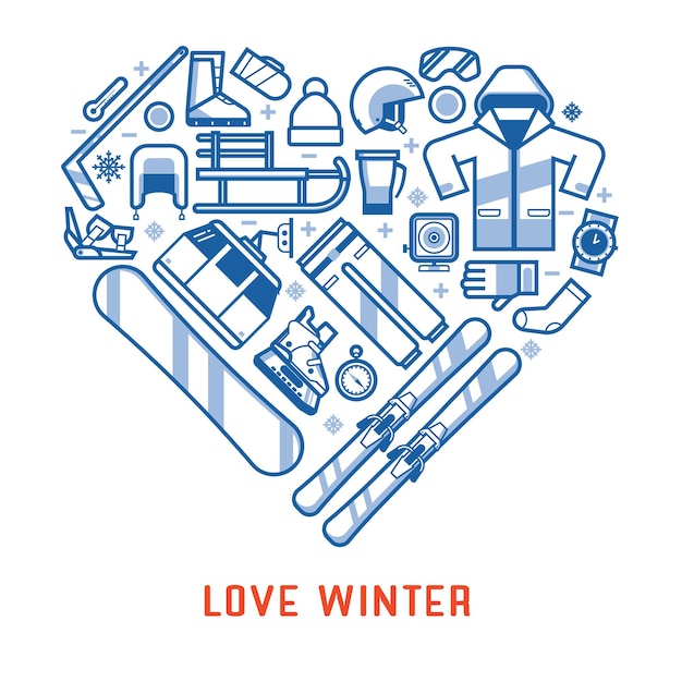 Love winter lifestyle card. snow games and activities thin line\
elements stylized in heart. winter sports collection with\
snowboarding and skiing equipment in outline design.