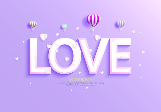 Love with balloons and heart on purple .