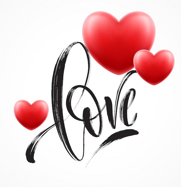 Vector love word hand drawn lettering with red heart. vector illustration