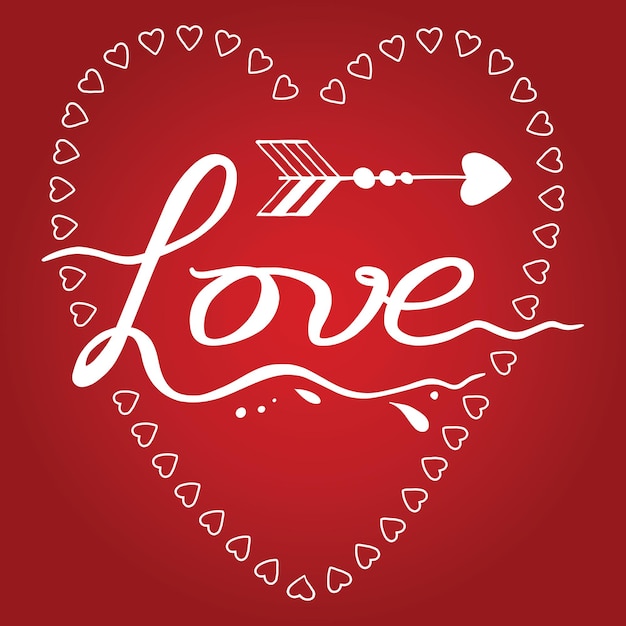 Vector love word hand lettering design on red backdrop