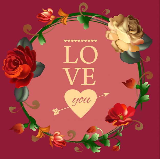 Vector love you card with beautiful vintage flowers