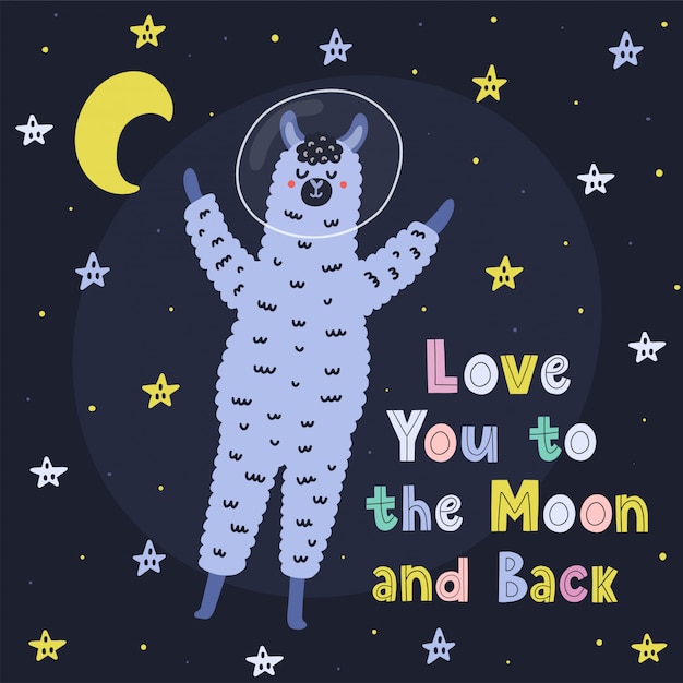 Ti amo con la luna e la carta posteriore con un simpatico lama. stampa con alpaca divertente e scritte disegnate a mano. illustrazione