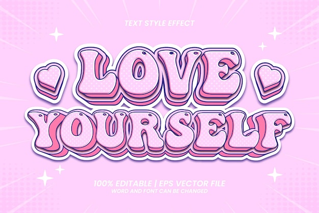 Vector love yourself 3d flat cartoon style editable text effect