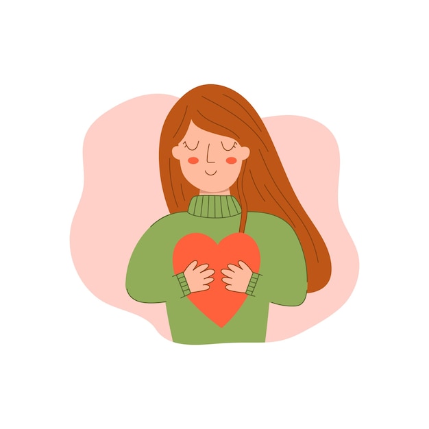 love yourself concept with young woman holding a heart mental healthcare selflove flat