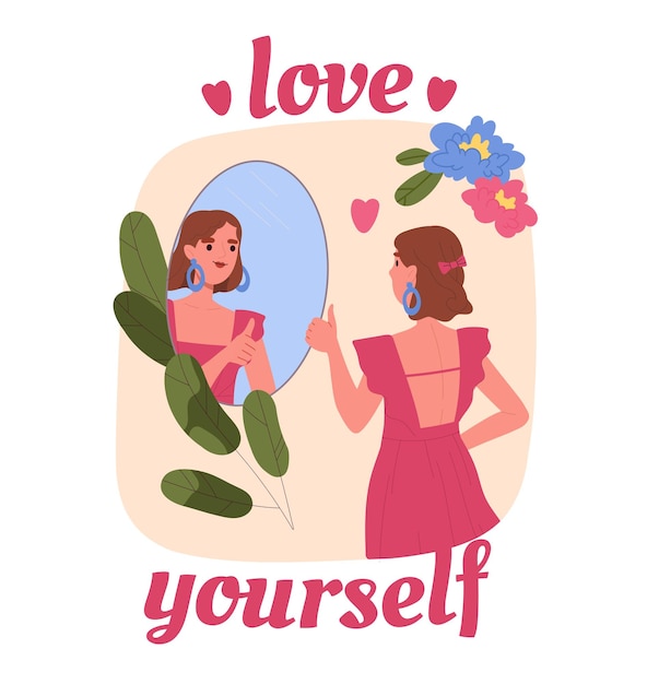 Vector love yourself concept woman look at reflection in mirror psychology and mental health self acceptance cartoon flat vector illustration isolated on white background